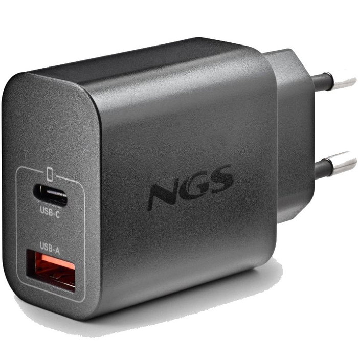 NGS Cargador de pared GaN ERA 30W con USB-C y USB-A, Negro